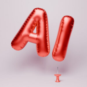 An "AI" balloon floating close to a sharp, upturned push pin.