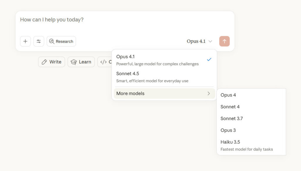 A screenshot of the available Anthropic AI models for Claude Max users seen in the Claude web interface on September 29, 2025.
