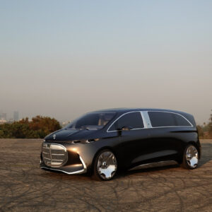 A mercedes concept van parked with LA in the distance on a very smoky day.