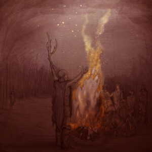 an artist's impression showing people gathered around a campfire, with one standing to address the others