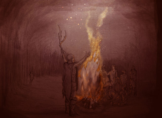 an artist's impression showing people gathered around a campfire, with one standing to address the others