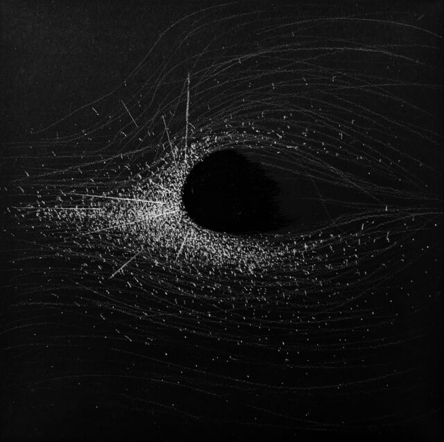 Lucas J. Rougeux, Light Particles against a Black Hole, 2021. Charcoal and acrylic on paper.