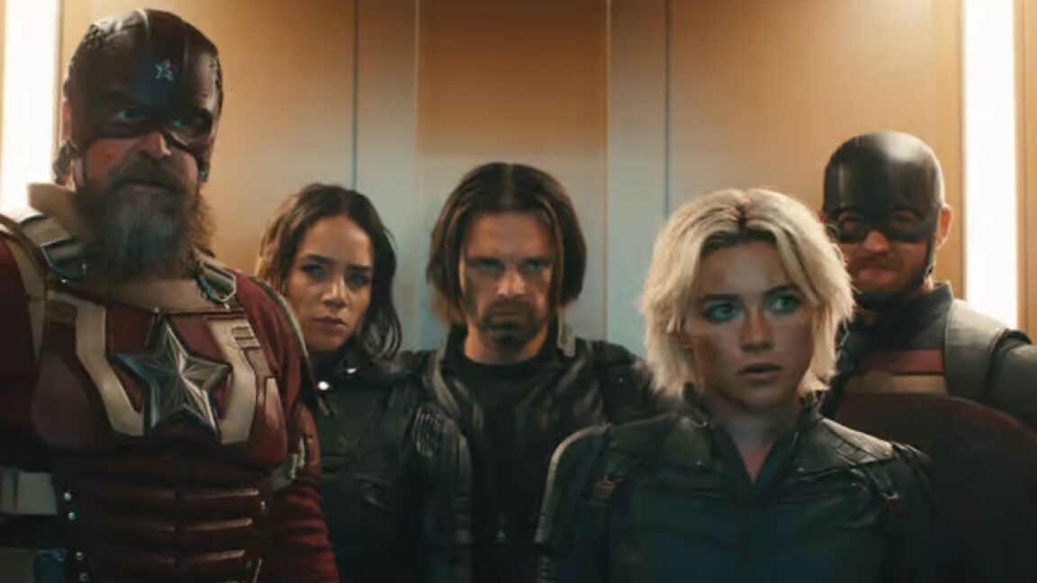 Red Guardian, Ghost, the Winter Soldier, Yelena, and Wyatt facing out an opening elevator door