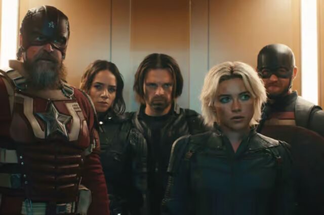 Red Guardian, Ghost, the Winter Soldier, Yelena, and Wyatt facing out an opening elevator door
