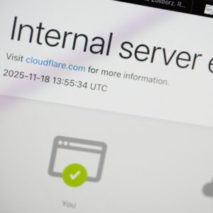A webpage error message says, "Internal server error, visit cloudflare.com for more information."