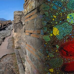An ancient Pompeii wall at a newly excavated site, where Associate Professor Admir Masic applied compositional analysis (overlayed to right) to understand how ancient Romans made concrete that has endured for thousands of years.