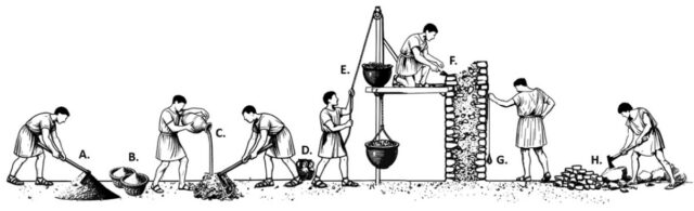 Schematic summary of the ancient production of Roman concrete.