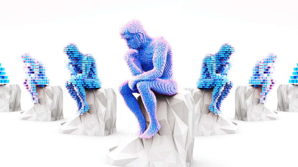 Structure made of cubes in the shape of a thinking or contemplating person that evolves from simple to complex, 3D render.