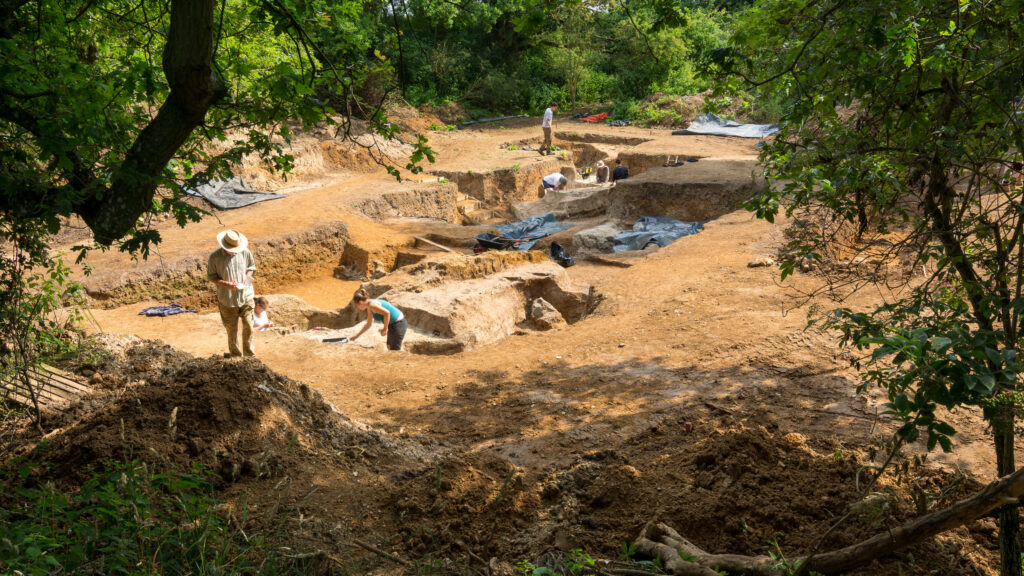 photo of an archaeological dig, framed by trees, with several archaeologists at work