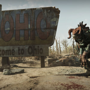 A deathclaw stands next to an Ohio roadsign in Fallout 76