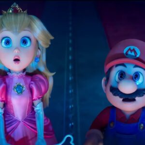 Princess Peach and Mario looking up at the night sky/universe