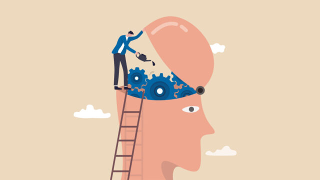 Illustration of a man opening up a head and oiling gears instead of a brain.