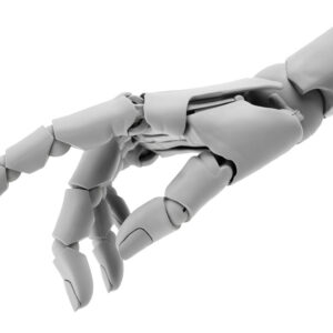 Image of a white plastic robotic hand against a white backdrop.