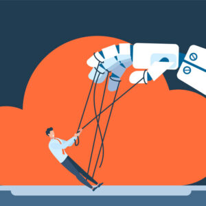 Illustration of a man wrestling with a robot hand.