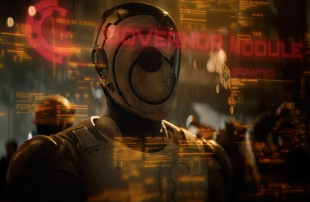 image of Murderbot's head with data screens superimposed over it