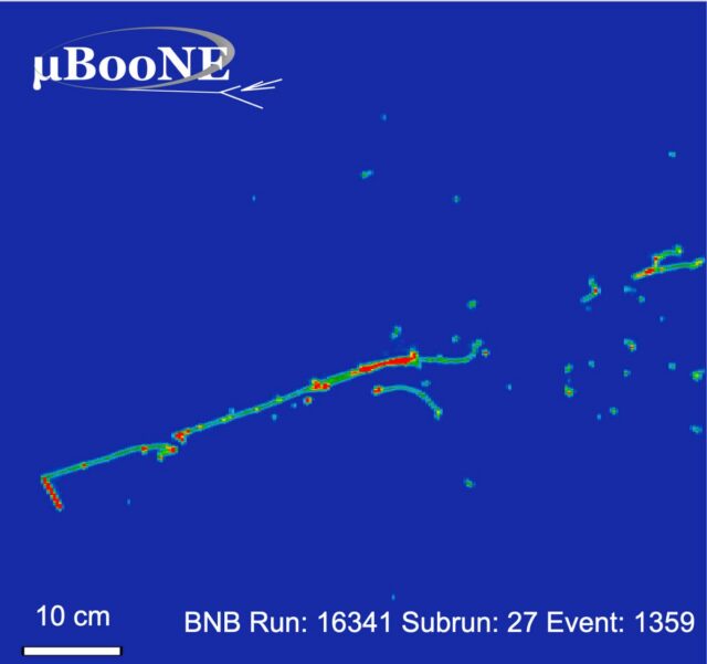 The spots and tracks here are particles that emanate from a collision between a neutrino and a liquid argon atom in MicroBoone’s detector.