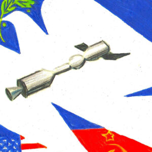 a crop from a larger artist's concept for a spcae mission patch showing a white dove with a green olive branch inits mouth, a spacecraft and a blue background