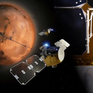 Montage showing an artist's illustration of twin spacecraft around Mars and a crop from a photo of a plaque on both both spacecraft.