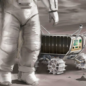 an artist's illustration of a four-wheel rover alongside a spacesuited astronaut standing on the moon (only the waist down is seen).