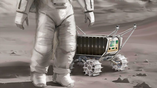 an artist's illustration of a four-wheel rover alongside a spacesuited astronaut standing on the moon (only the waist down is seen).