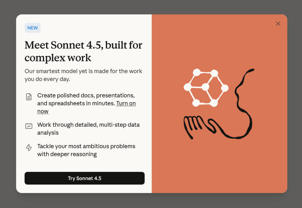 The intro card for Sonnet 4.5, seen in the Claude web interface on September 29, 2025.