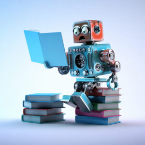 Robot sitting on a bunch of books, reading a book, looking surprised.