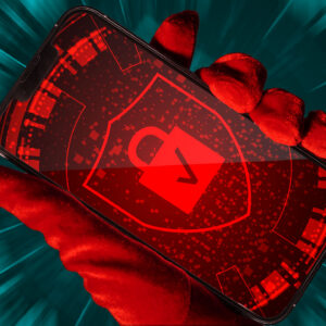 Illustration of a gloved hand holding a smartphone that displays an image of a padlock with a Verizon logo
