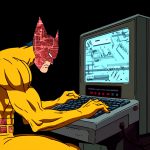 An AI-generated image of "Wolverine programming on a computer."