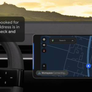 An android auto screenshot showing someone asking the system to check their email to find a hotel reservation and then get directions to that hotel